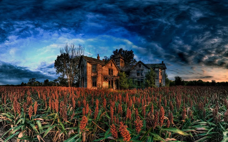 An abandoned farmhouse stands in a field of sorghum under a dramatic, stormy sky at sunset.