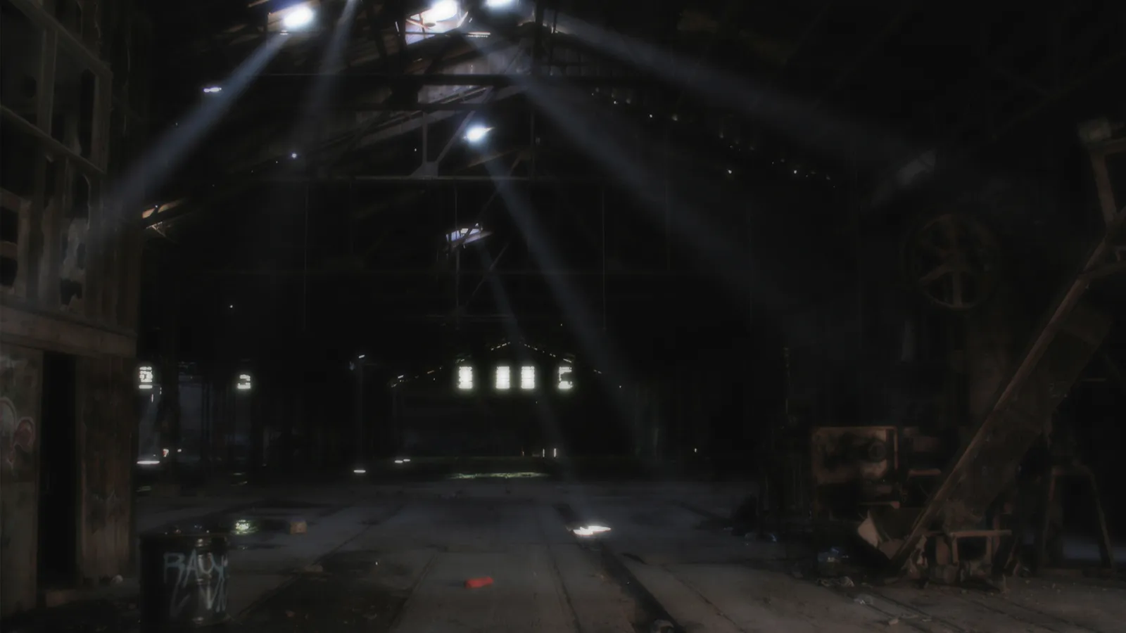Sunlight streams through holes in the roof of a dark, abandoned warehouse, illuminating dust motes.
