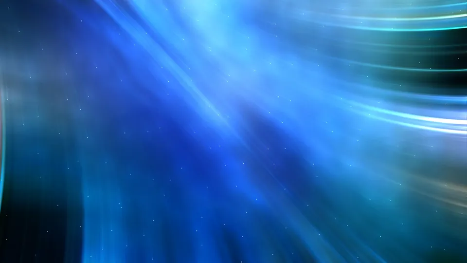 An abstract image of swirling blue and teal light streaks with small white dots resembling stars.