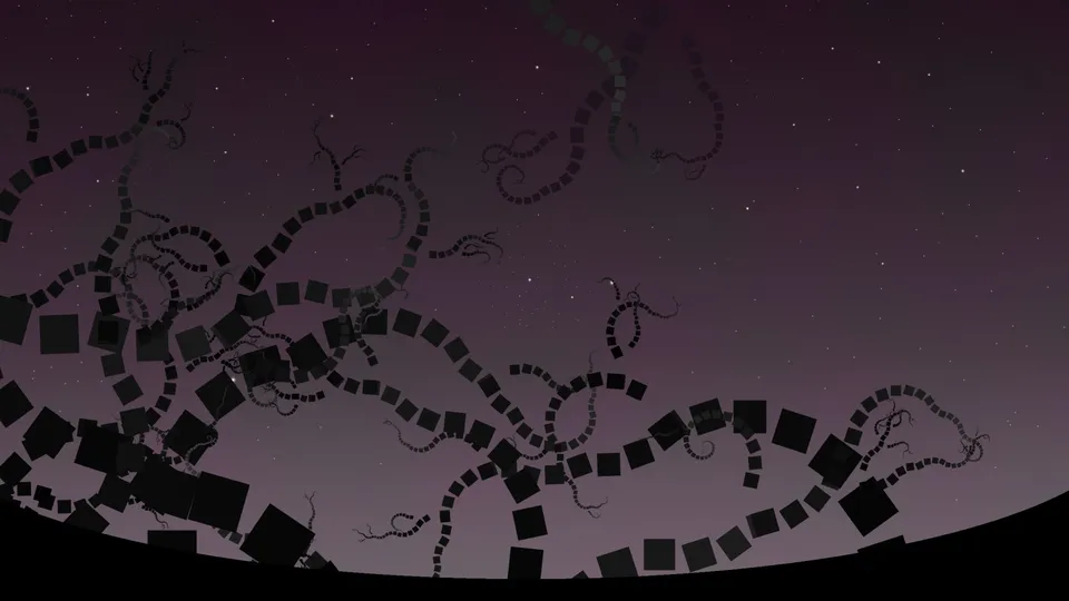 A dark, starry night sky with abstract, dark, vine-like structures reaching across the frame.