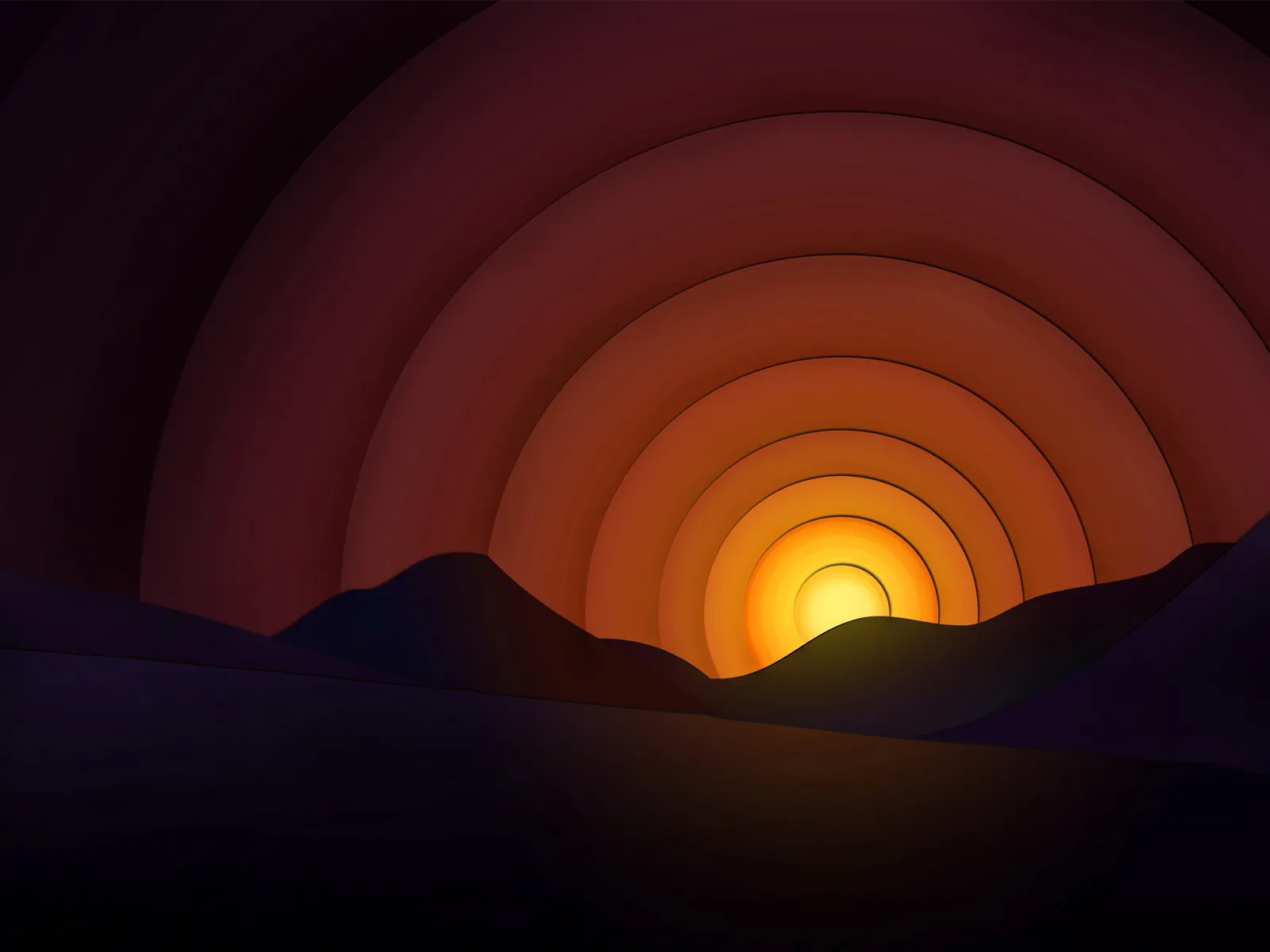 An abstract depiction of a sunset with concentric rings of orange and yellow light behind silhouetted hills.