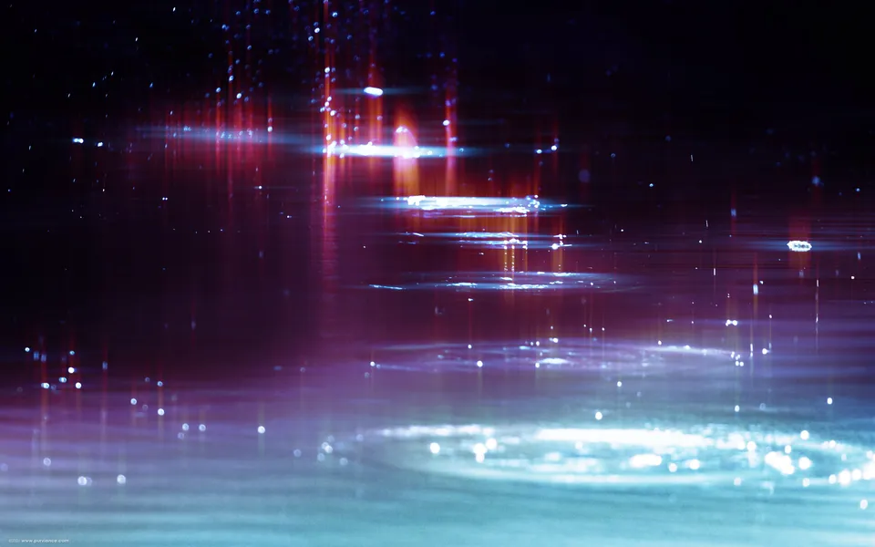 Abstract image of colorful light reflections and ripples on a dark water surface.