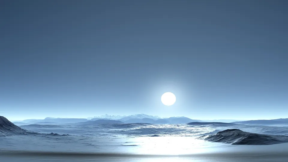A vast, desolate landscape with rolling hills and distant mountains under a bright, glowing sun.