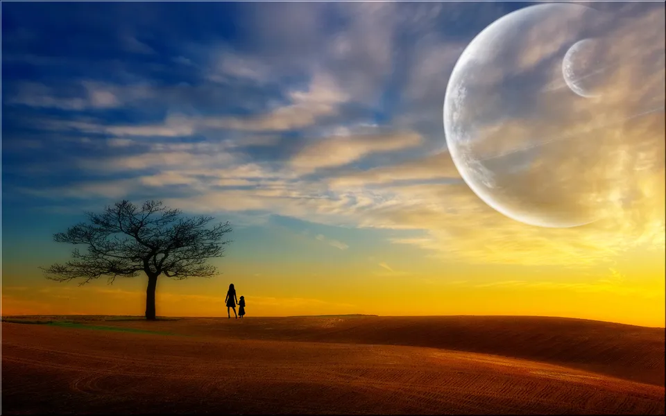 A silhouette of two people stand near a bare tree on a barren landscape under a sky with two large planets.