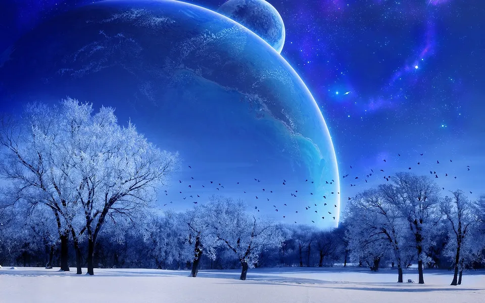 A surreal winter scene with snow-covered trees and a vast alien sky featuring two large moons and a nebula.