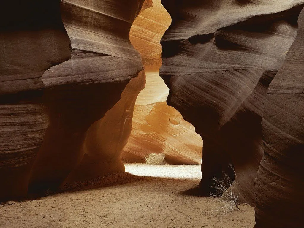 Sunlight streams into a narrow slot canyon, illuminating the wavy sandstone walls in warm tones.