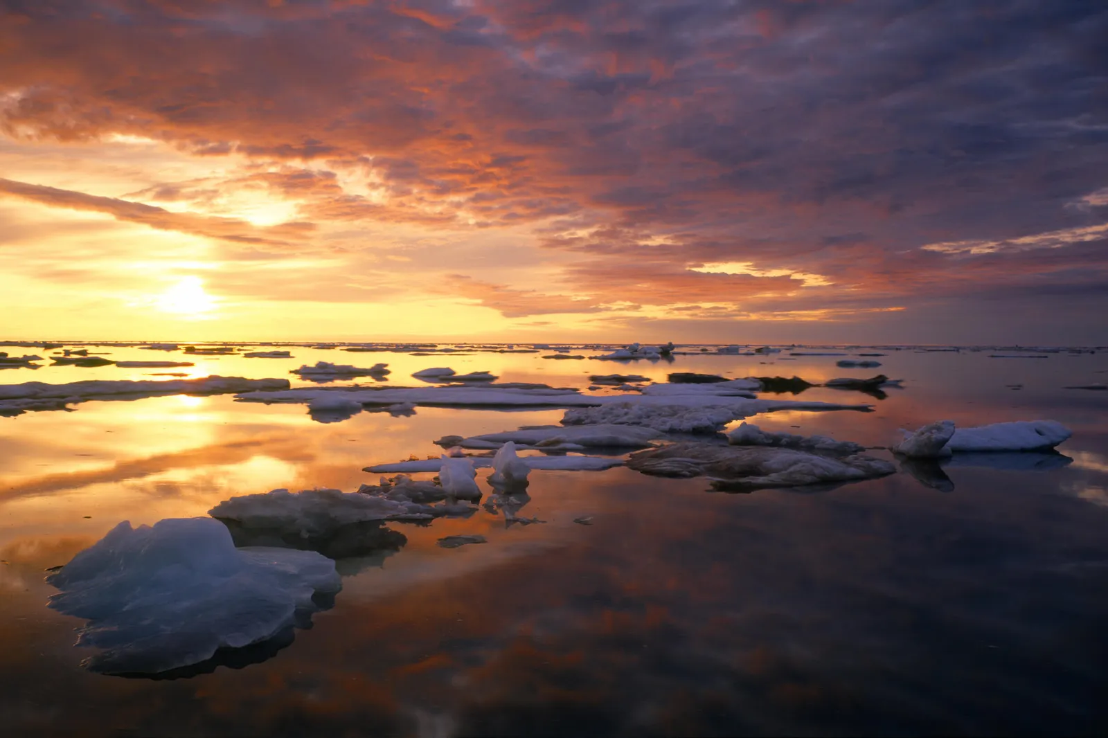 Ice floes float on calm water under a dramatic sunset sky with orange and purple clouds.