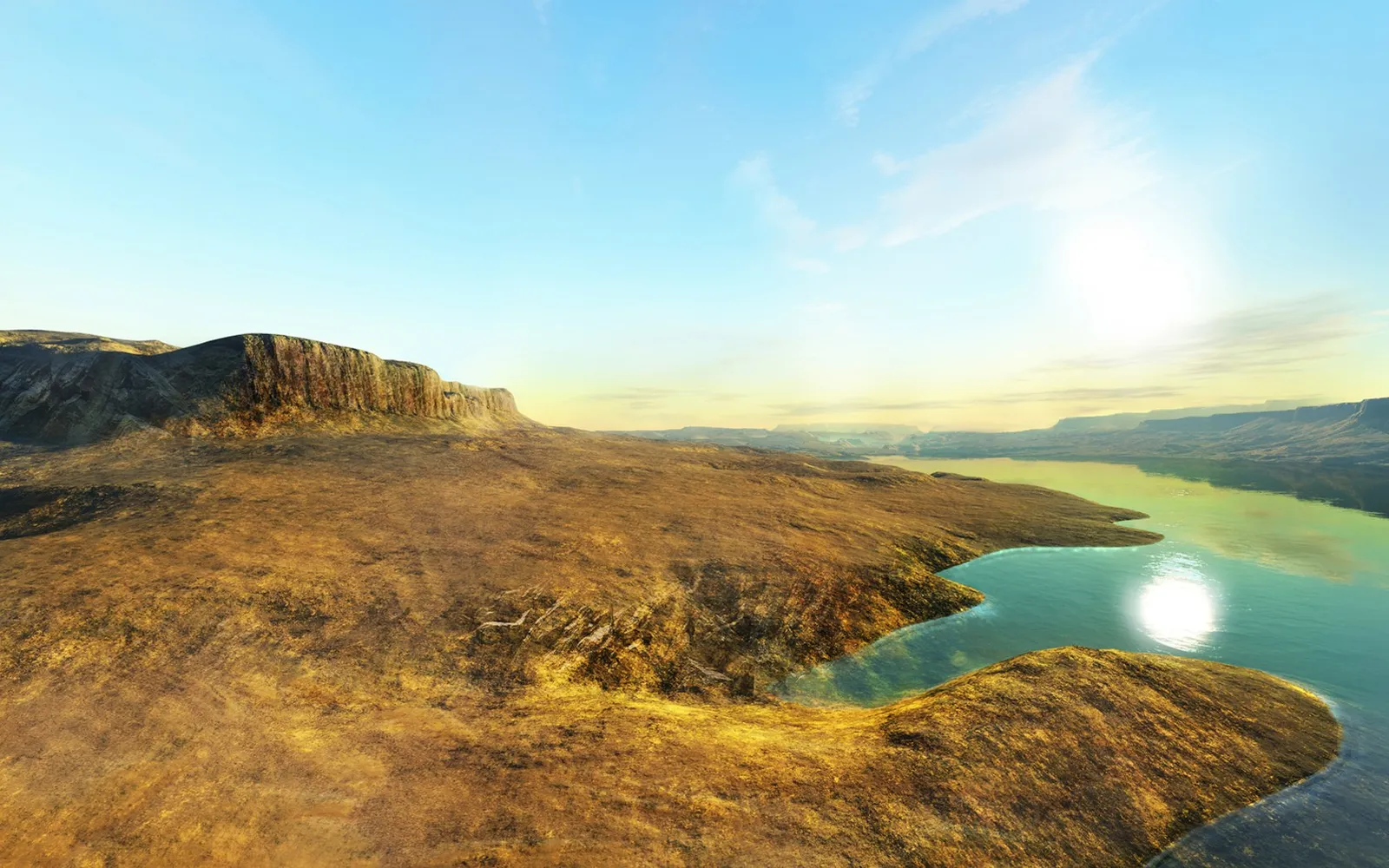 A wide shot of a barren, rocky landscape with a bright blue sky and a calm body of water reflecting the sun.