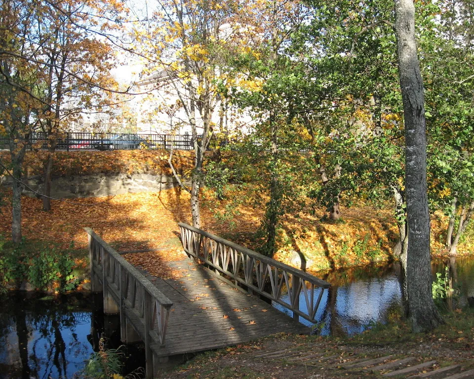 A wooden bridge crosses a calm body of water, surrounded by trees with autumn foliage and fallen leaves.