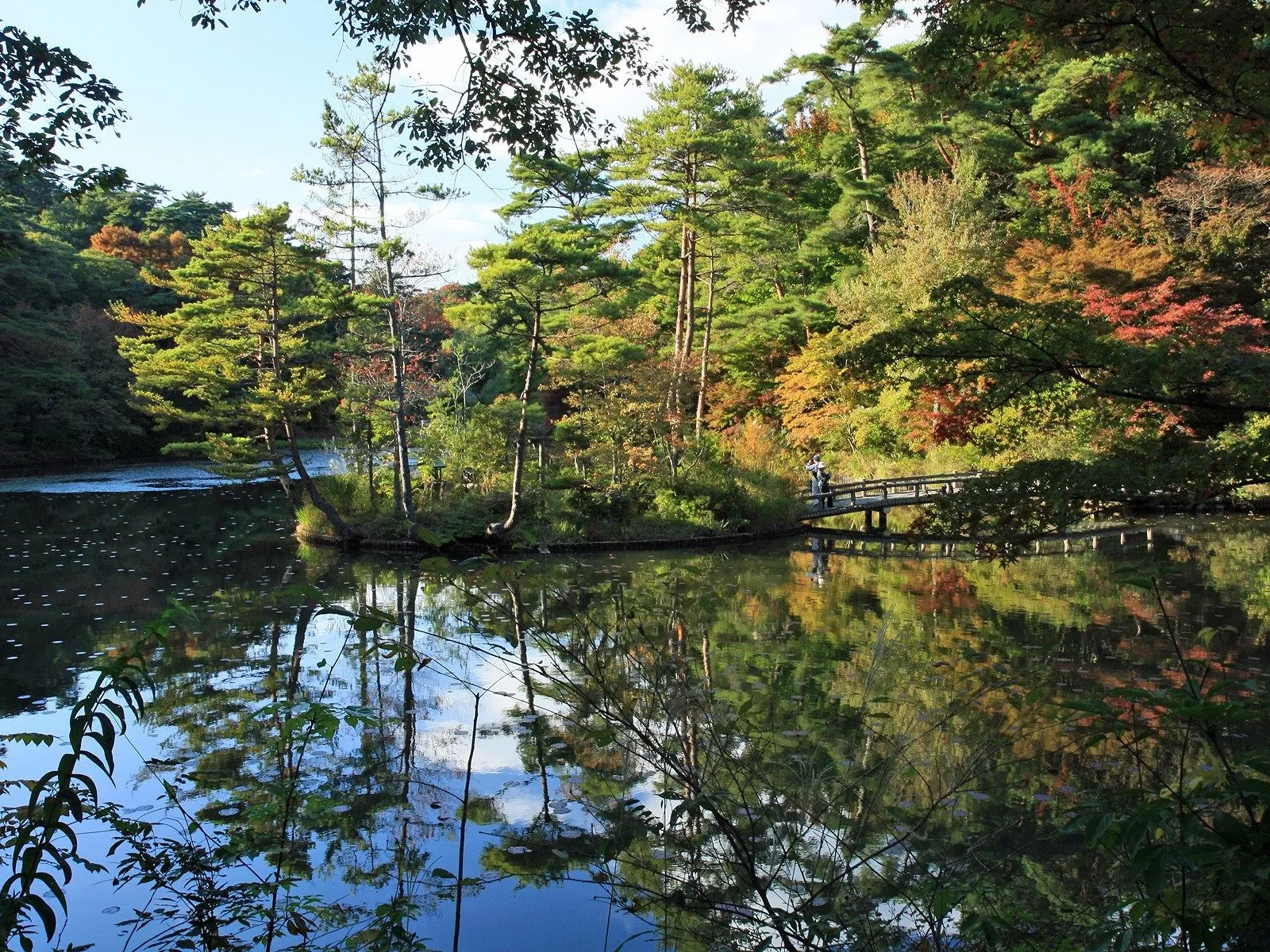 A serene lake with a wooden bridge and colorful autumn trees reflected in the water.
