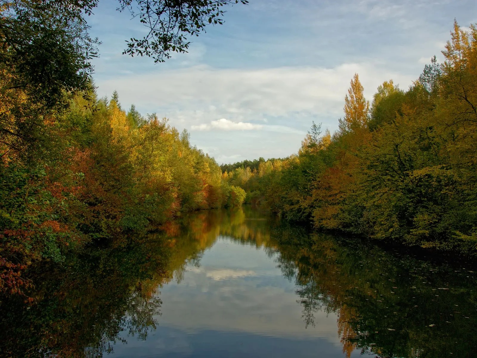 A calm river reflects colorful autumn trees under a bright blue sky with scattered clouds.