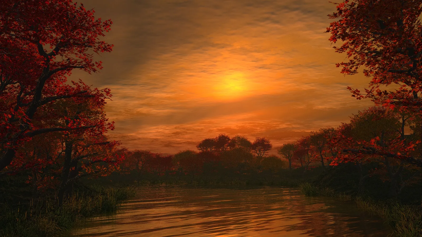 A serene river reflects the warm orange glow of a sunset, framed by trees with red autumn leaves.