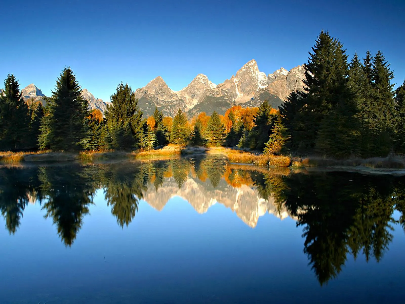 Jagged snow-capped mountains reflected in a calm lake surrounded by trees with autumn colors.