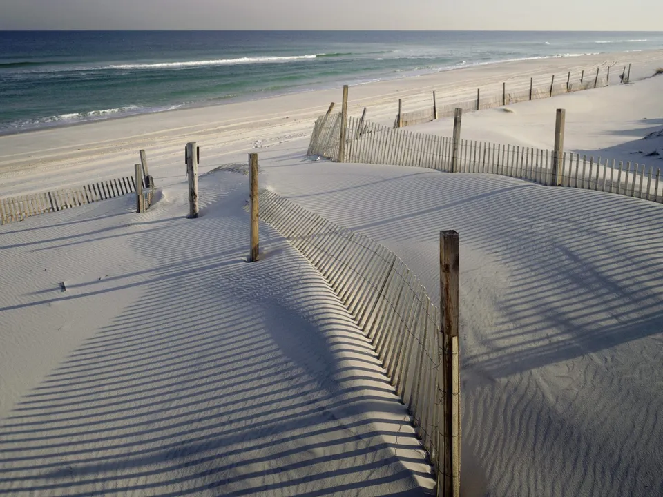 A wooden dune fence casts long, striped shadows across a sandy beach with the ocean in the background.