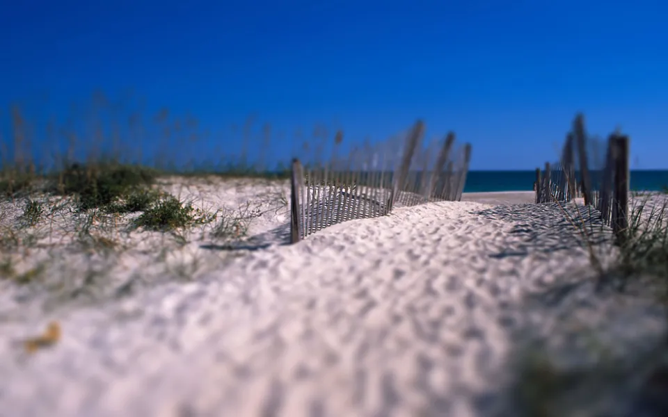 A sandy path leads through beach dunes towards the ocean, bordered by a weathered wooden fence.