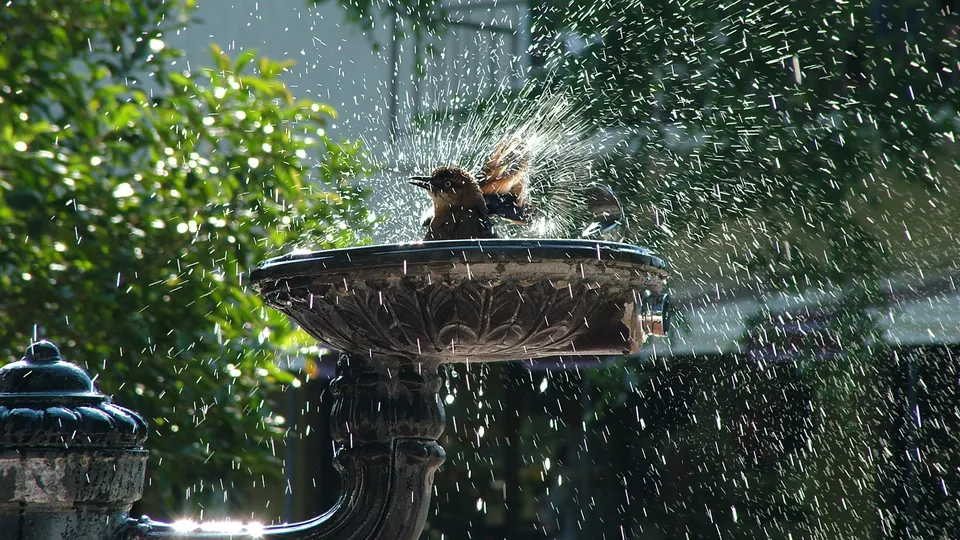 A small bird splashes water while bathing in a decorative fountain, with water droplets flying.