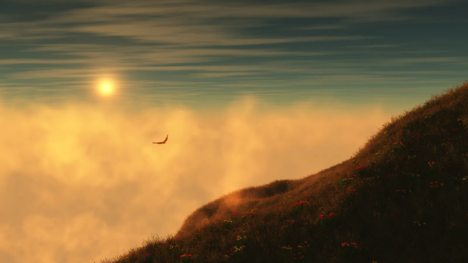 A lone bird flies through a golden mist towards a bright sun, with a grassy, flower-dotted hillside in the foreground.