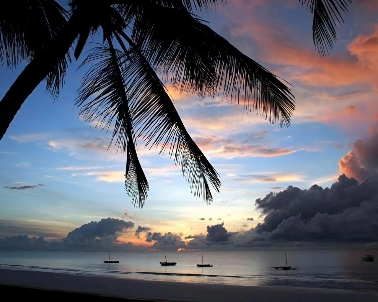 Silhouetted palm fronds against a tropical sunset with boats on the ocean.