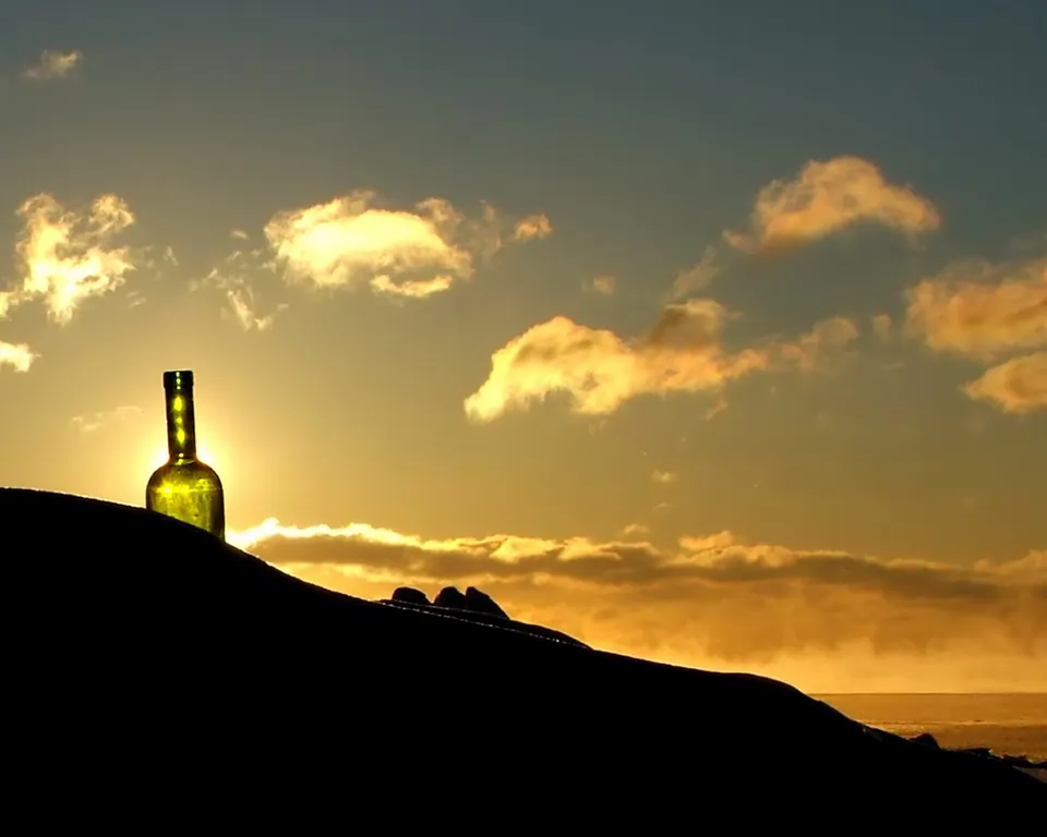A green glass bottle is silhouetted against a golden sunset sky with scattered clouds.