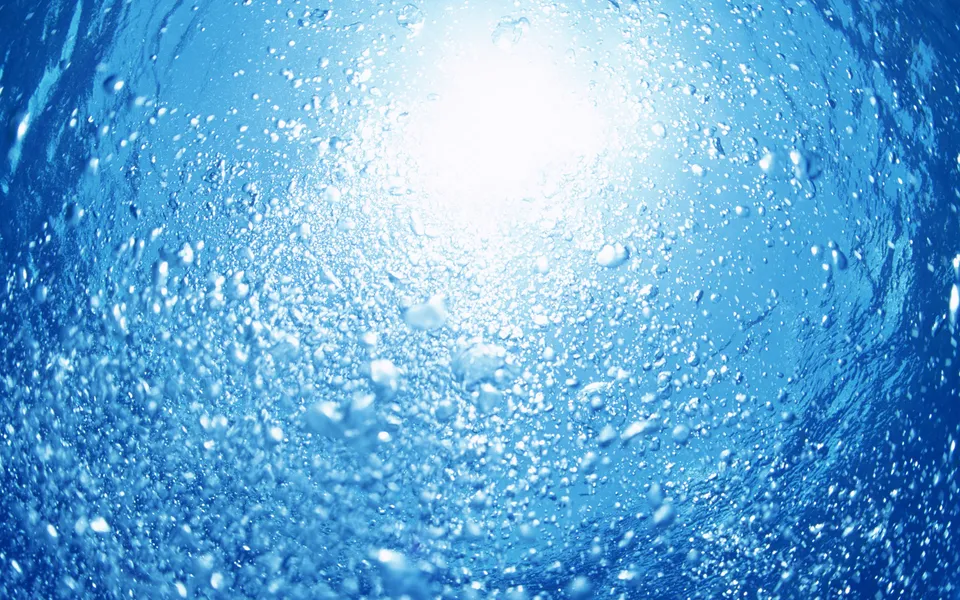 Sunlight filters through a dense collection of rising water bubbles, creating a bright, ethereal glow.