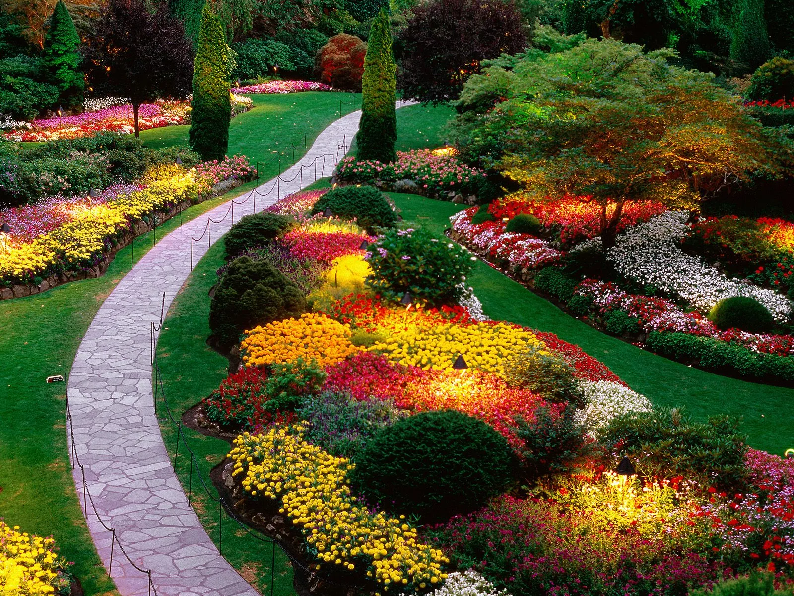 A stone pathway winds through a garden filled with colorful flowers and manicured bushes, illuminated by soft lighting.