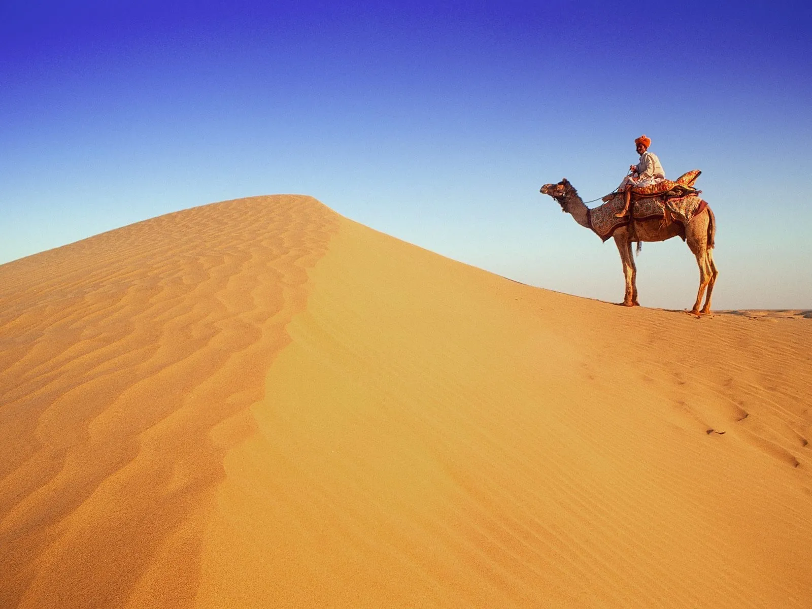 A man in traditional clothing rides a camel over undulating sand dunes under a clear blue sky.