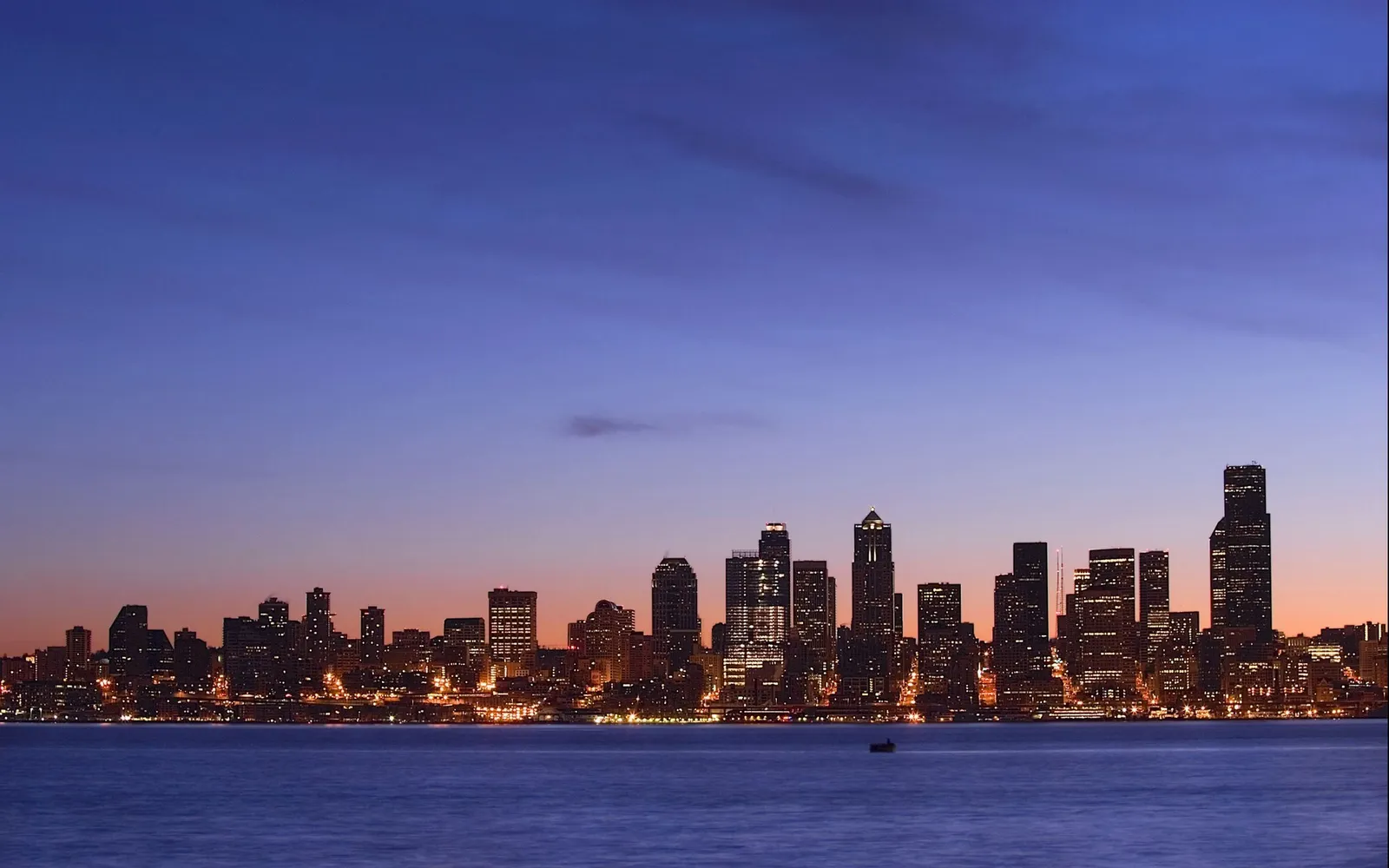 A city skyline with illuminated buildings is seen across a body of water at dusk.