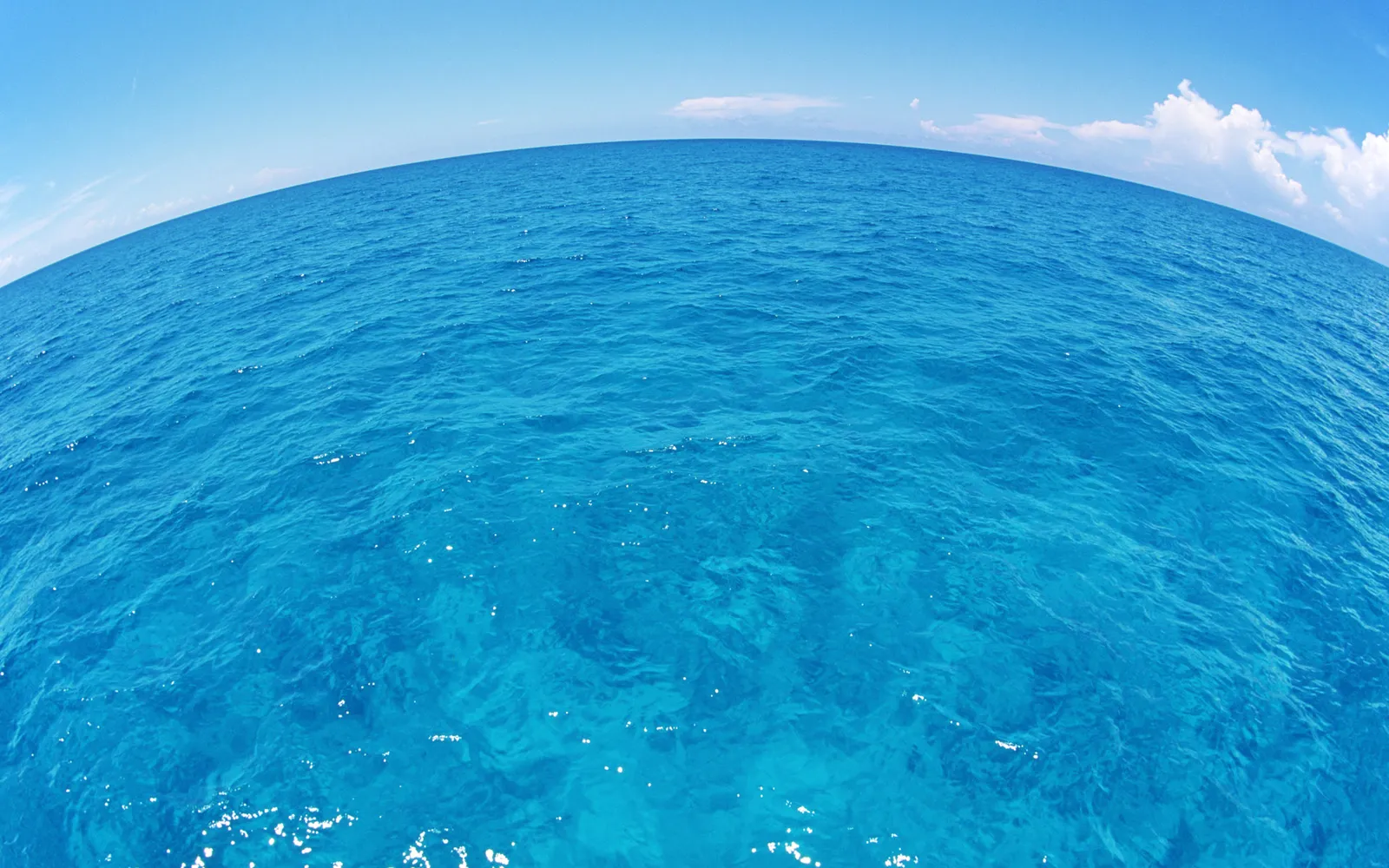 A wide-angle view of the vast, clear blue ocean under a bright blue sky with a few white clouds.