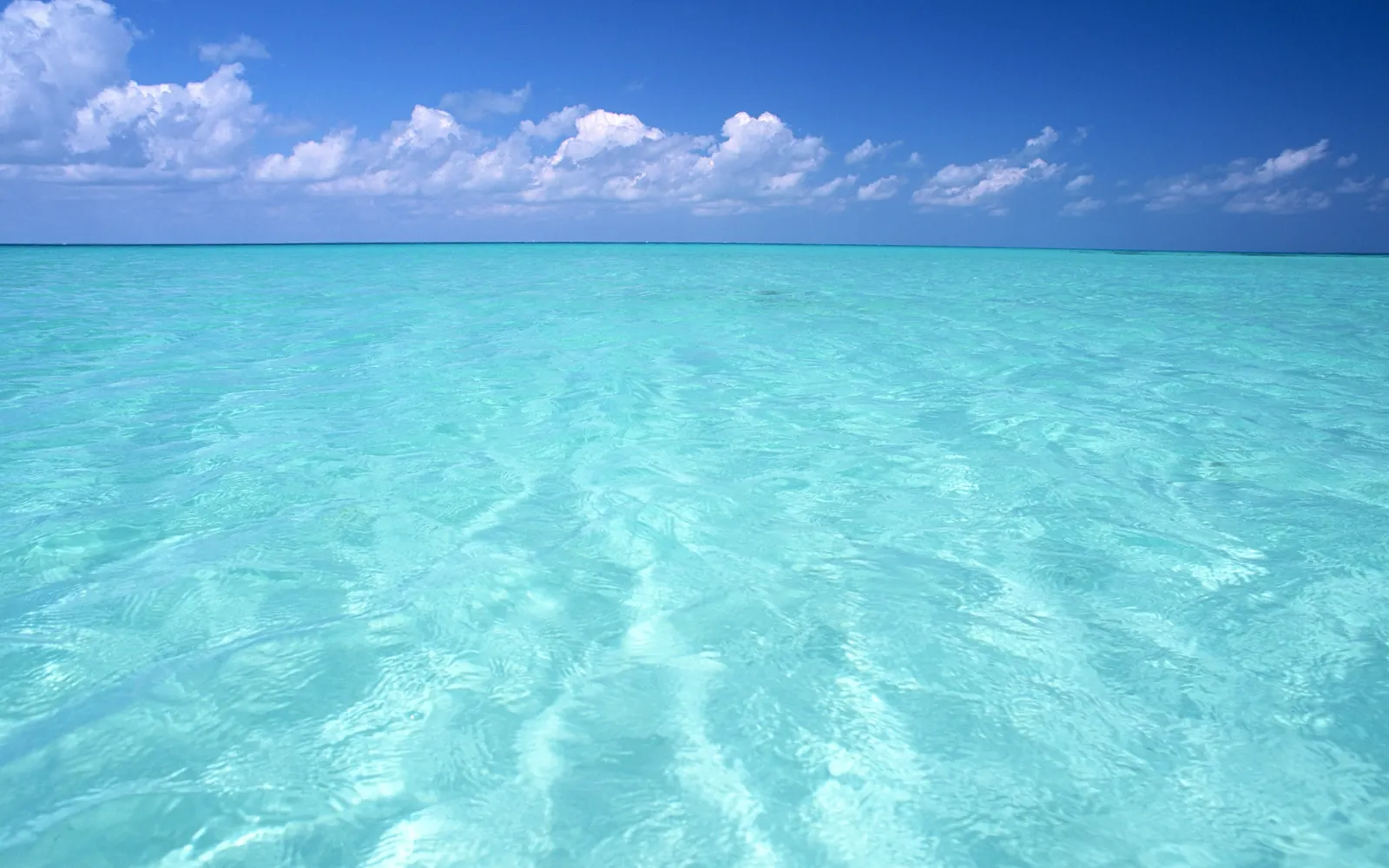 Vast expanse of clear turquoise ocean water with gentle ripples under a bright blue sky with scattered white clouds.