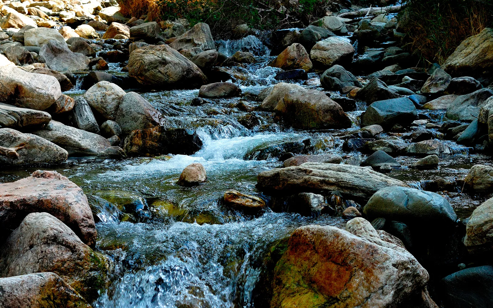 A close-up view of a clear stream flowing over numerous smooth, rounded rocks of various sizes.