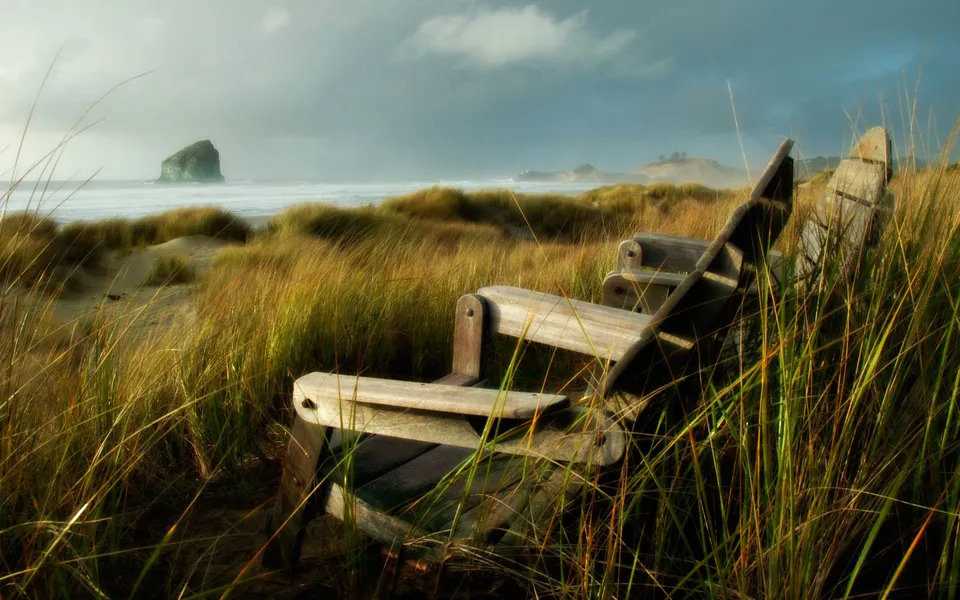 A wooden bench sits in tall dune grass overlooking a rocky outcrop in the ocean.