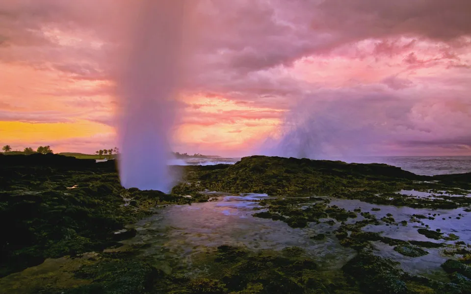 A dramatic sunrise paints the sky with pink and orange hues over a rocky coastline with ocean spray erupting from a blowhole.