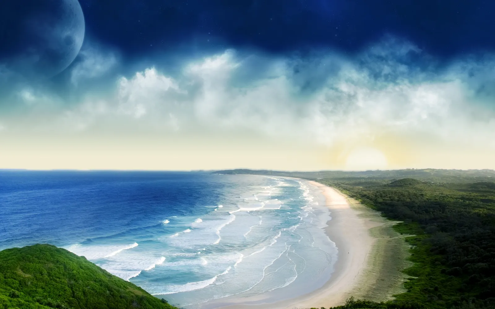 A wide, sandy beach curves along the ocean, with waves breaking on the shore and green hills in the background.