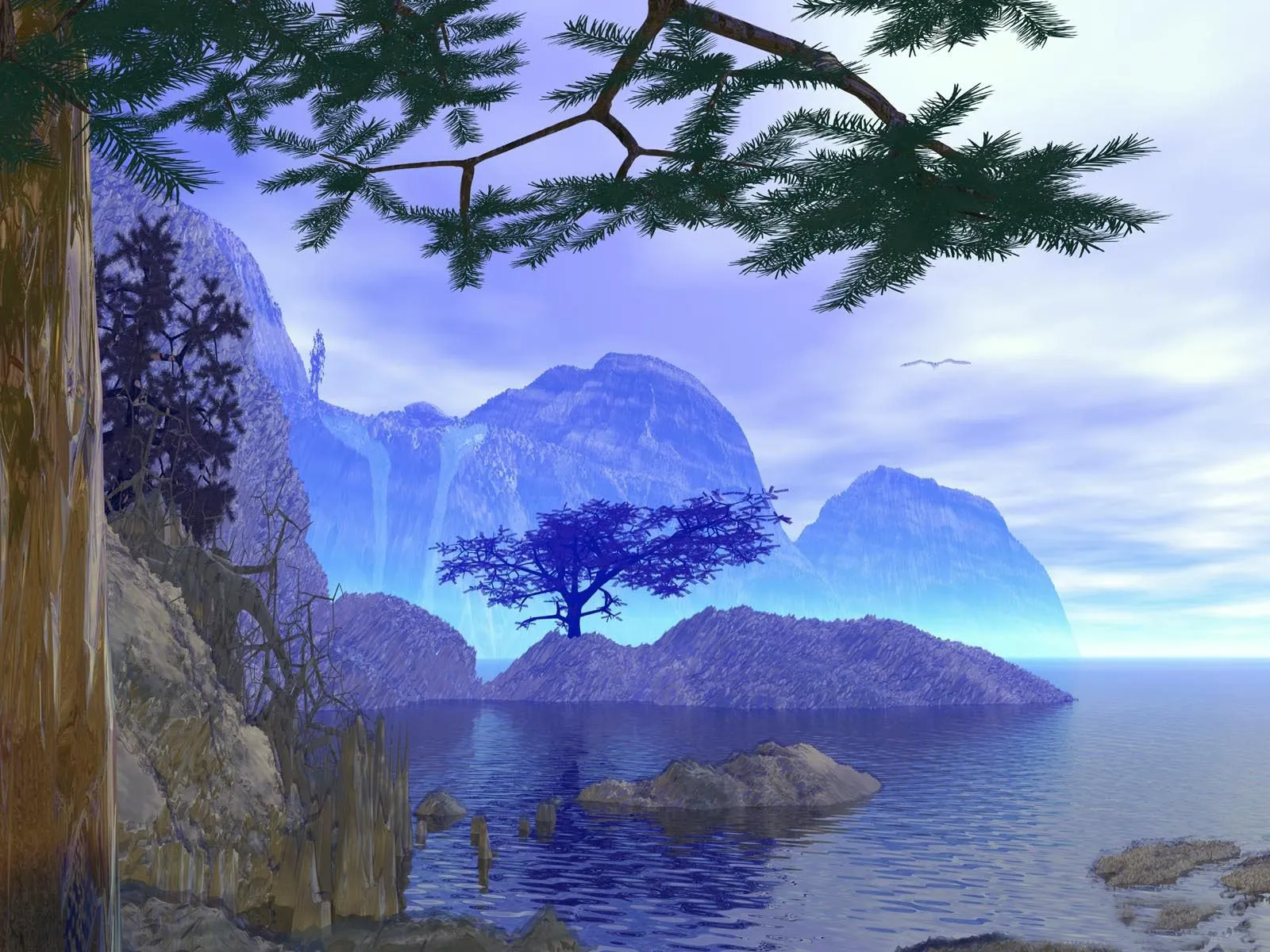A serene landscape with blue-hued mountains rising from a calm body of water, with trees and rocky shores.