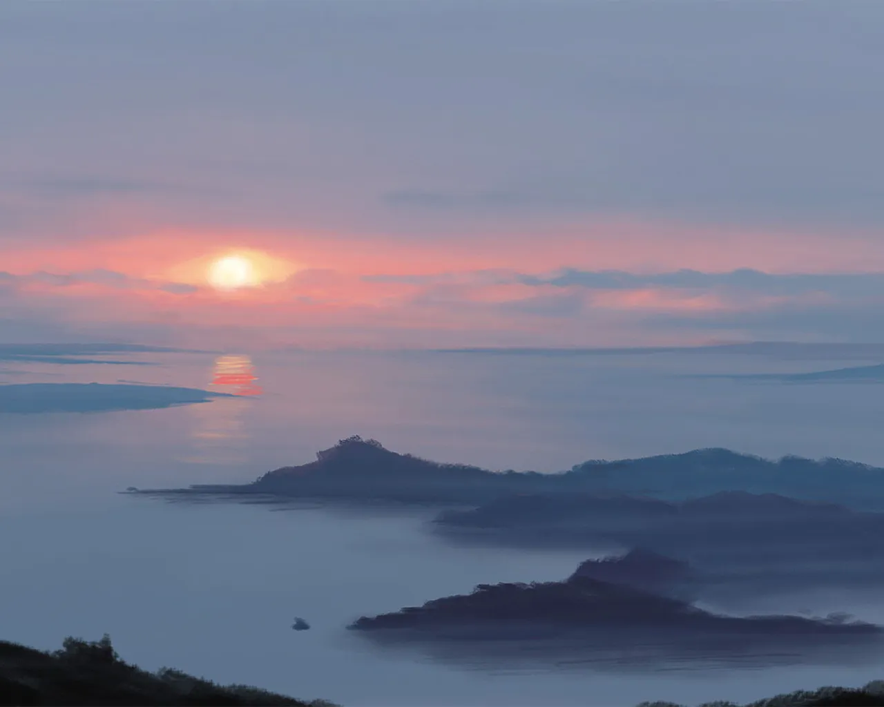 A hazy sun sets over a calm sea, casting a pink and orange glow on the clouds and water, with silhouetted islands in the foreground.