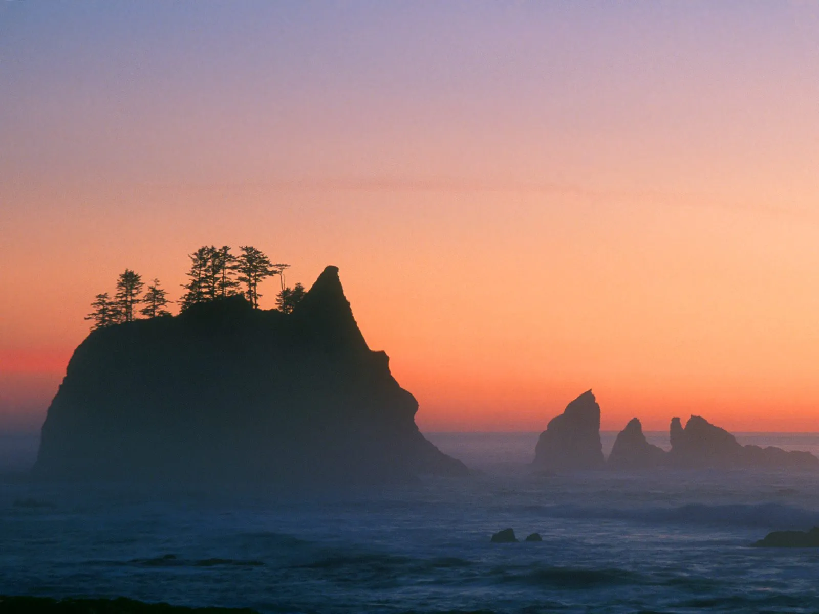 Silhouetted sea stacks and trees against a vibrant orange and purple sunset sky over the ocean.
