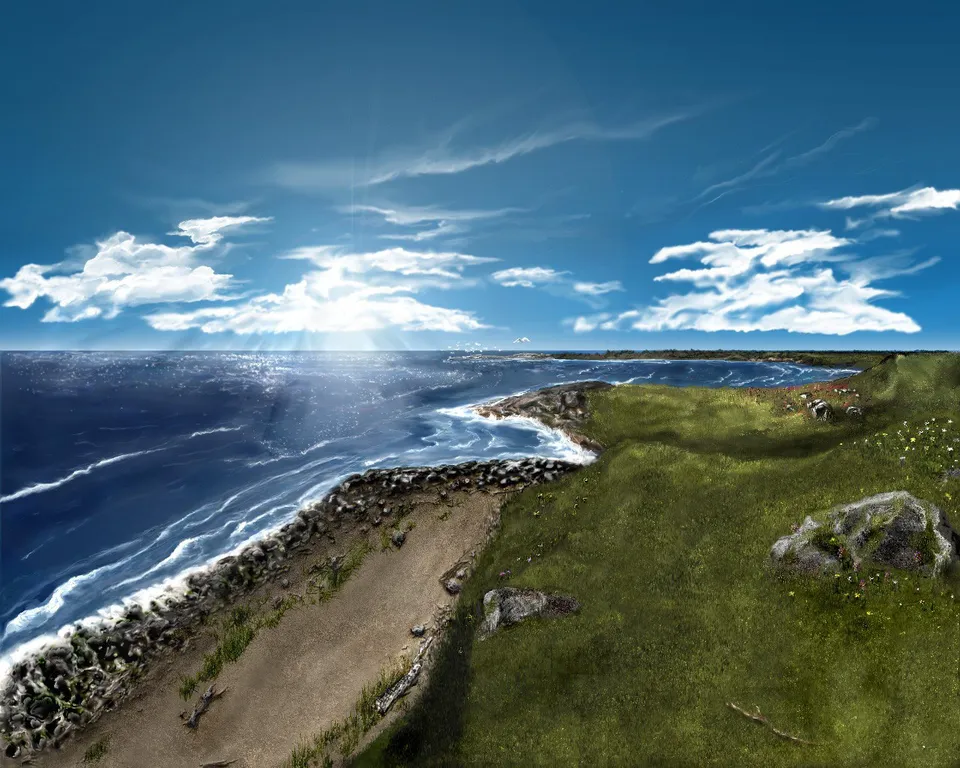 A panoramic view of a rocky coastline with waves crashing, leading to green hills under a bright blue sky with scattered clouds.