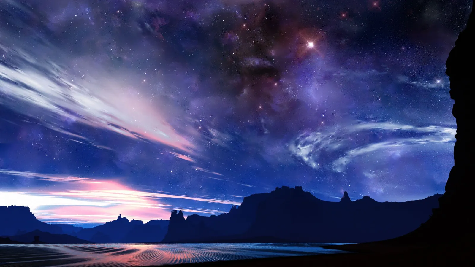 A vast, colorful nebula-filled night sky with stars above silhouetted mountains and a reflective body of water.