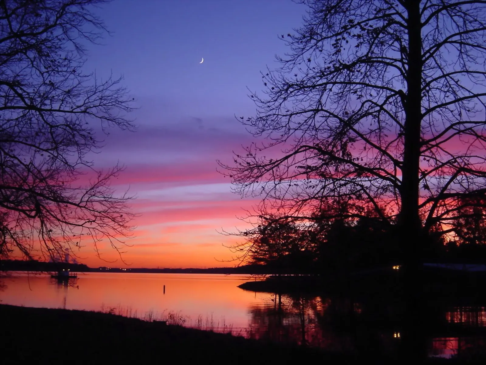 A crescent moon is visible in a vibrant purple and pink sunset sky over a calm lake with silhouetted trees.