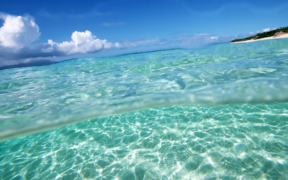 Split view of clear turquoise ocean water with sunlight patterns on the sandy bottom and a distant island under a blue sky.