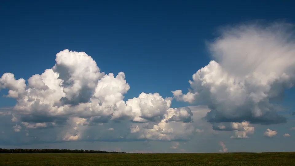 Large, fluffy white cumulus clouds fill a deep blue sky above a green grassy field.
