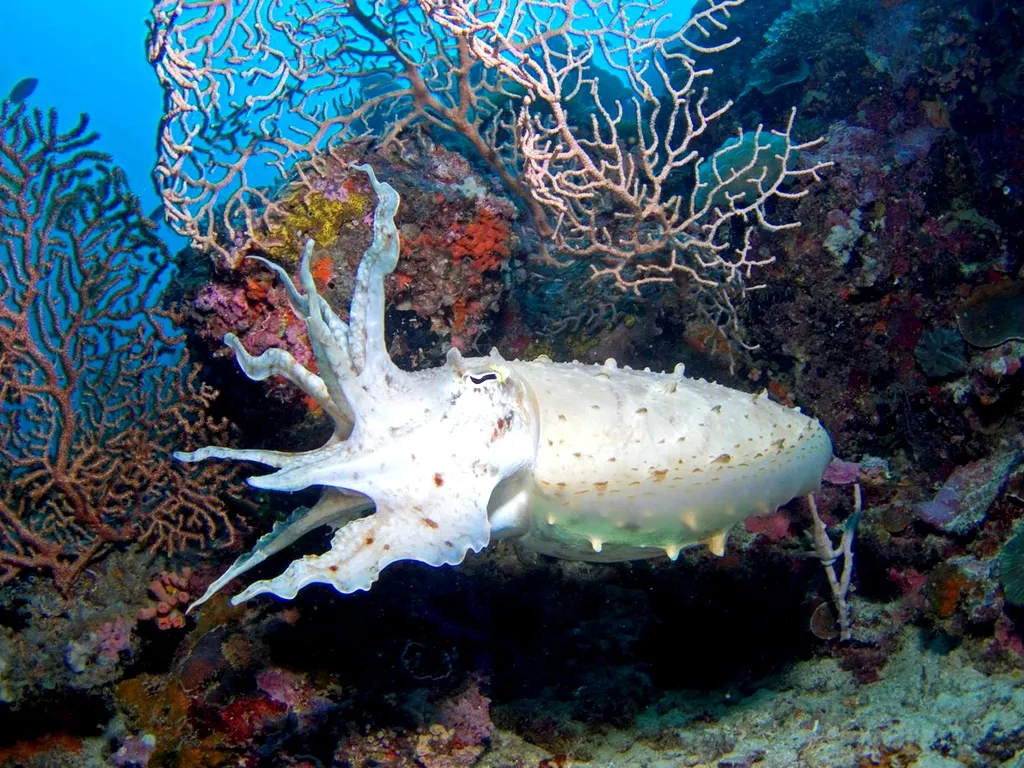 A large cuttlefish with its tentacles extended swims in front of a vibrant coral reef.