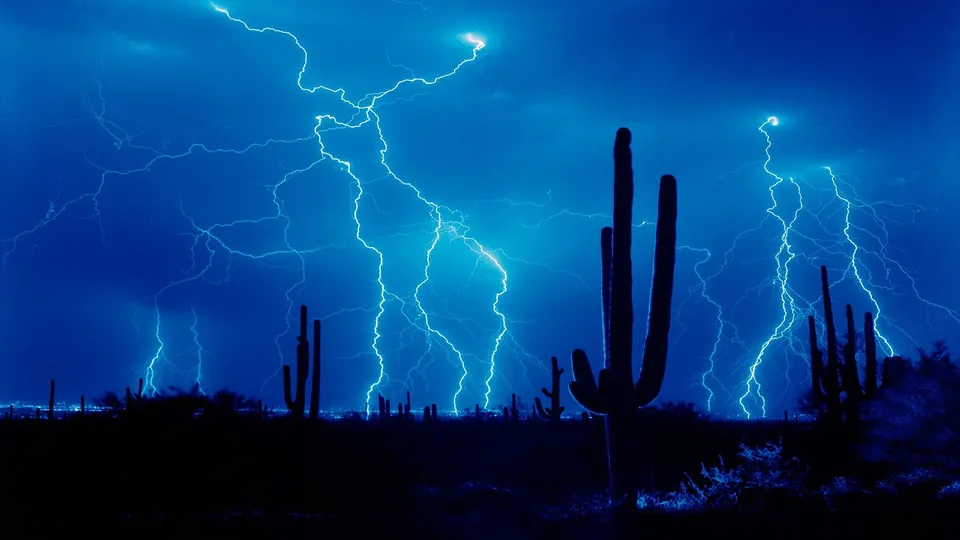 Jagged lightning bolts illuminate a dark desert landscape with silhouetted saguaro cacti.