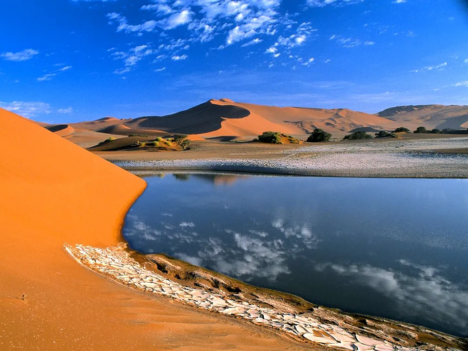 A calm desert oasis with sand dunes and a blue sky with clouds reflected in the water.