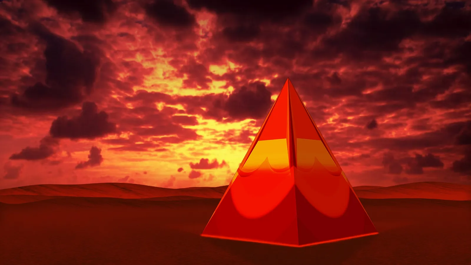 A glowing red pyramid stands in a desert landscape under a dramatic red and yellow sky.