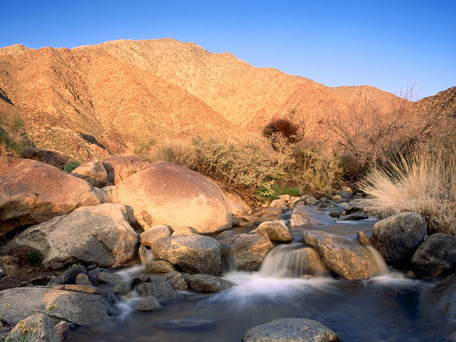 A desert stream flows over rocks with a mountain in the background under a clear blue sky.
