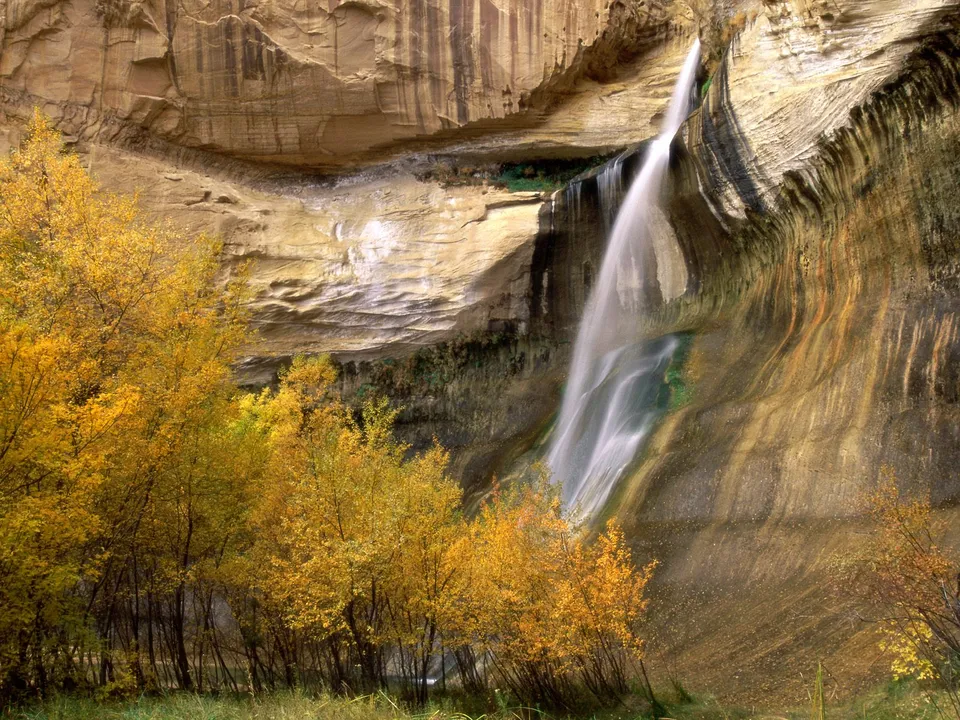 A thin waterfall cascades down a sandstone cliff face, surrounded by trees with golden autumn leaves.