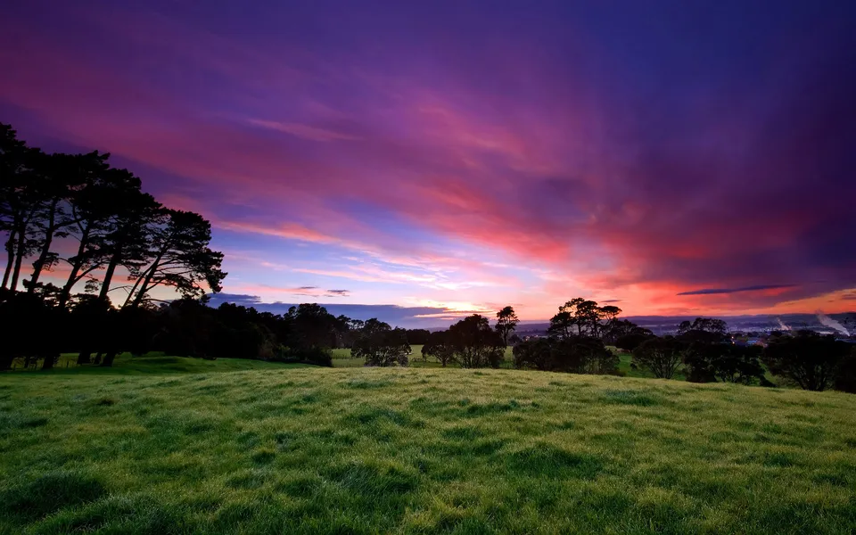 A dramatic sunset paints the sky in shades of purple and pink over rolling green hills and silhouetted trees.