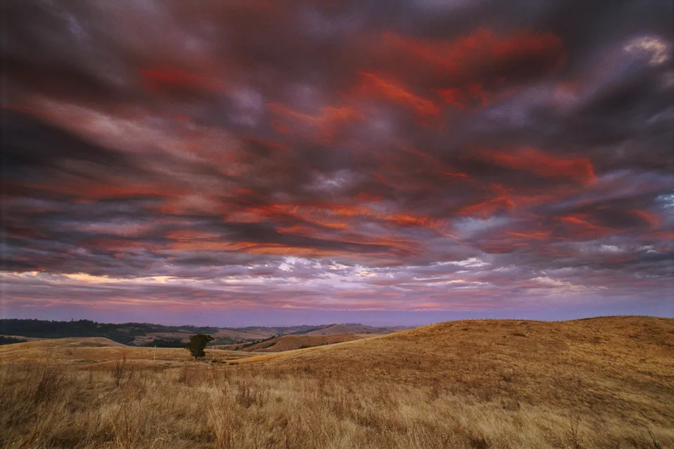 A dramatic sunset with fiery red clouds over golden, dry grass hills.