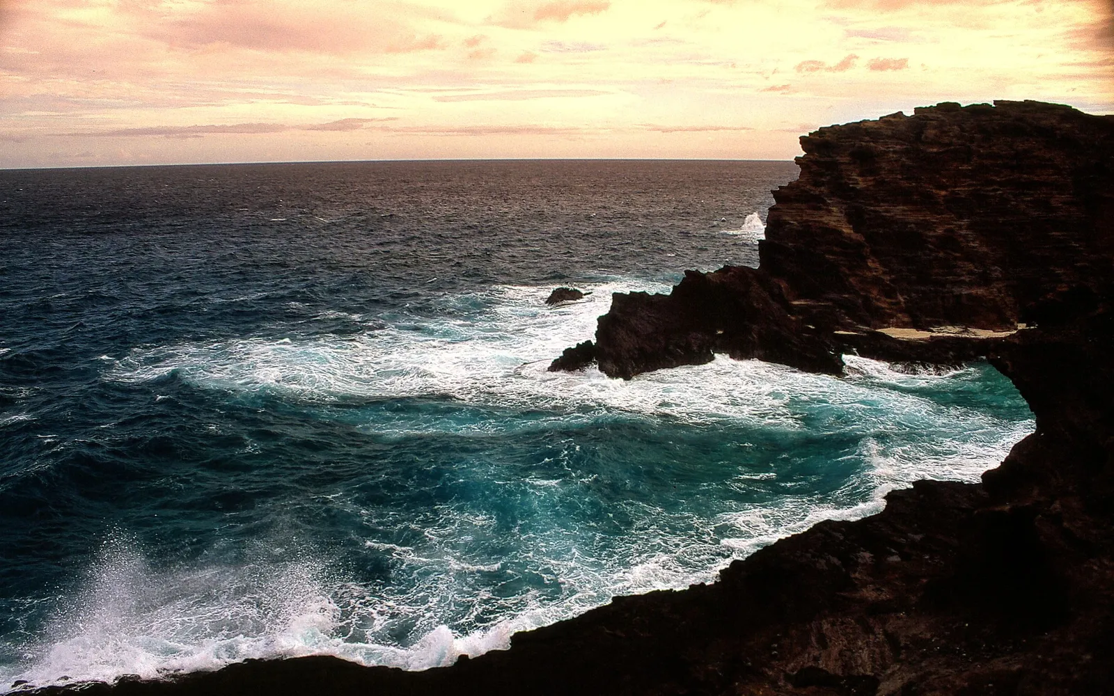 Powerful ocean waves crash against dark, jagged volcanic rocks under a pastel sky at dusk or dawn.